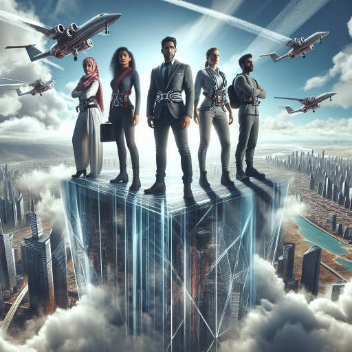 Create an image of a futuristic cityscape where flying cars are soaring through the sky, with a group of diverse and determined individuals standing proudly on top of a building, symbolizing a team of heroic adventurers ready to save the day.