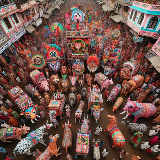 Imagine capturing a stunning aerial shot of a traditional cultural festival, where vibrant colors and intricate designs fill the streets below. In the midst of the festivities, a group of animals are seen participating in the celebrations, adding a whimsical and magical touch to the scene. Use your drone photography skills to capture this unique and captivating moment in time.