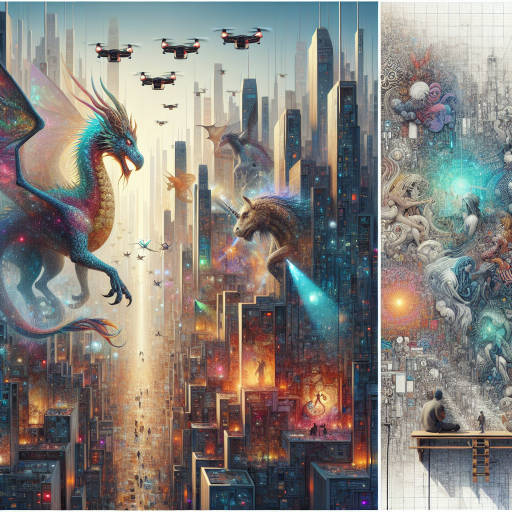 Imagine a futuristic cityscape filled with towering skyscrapers where mythical creatures such as dragons and unicorns roam the streets, their iridescent scales and shimmering wings catching the light from the drones buzzing overhead. Street artists decorate the walls with vibrant murals depicting scenes from ancient mythology, blending the past and future in a kaleidoscope of color and imagination. Capture this otherworldly fusion of technology, fantasy, and urban art in a single breathtaking image.