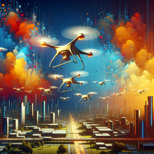 "Imagine a futuristic cityscape where drones are delivering paint to giant floating canvases, creating beautiful and vibrant paintings that showcase the intersection of technology and art in the realm of science fiction."