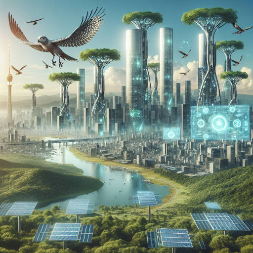 "Imagine a futuristic cityscape where towering tree-like structures harness the power of sunlight and wind, creating a sustainable energy source for the bustling metropolis below. Birds with metallic wings soar overhead, their robotic eyes scanning the horizon for any signs of trouble. In the distance, a massive holographic display showcases the latest scientific breakthroughs in technology, blending seamlessly with the natural beauty of the surrounding landscape. Capture this unique fusion of nature, science, and technology in a single breathtaking image."