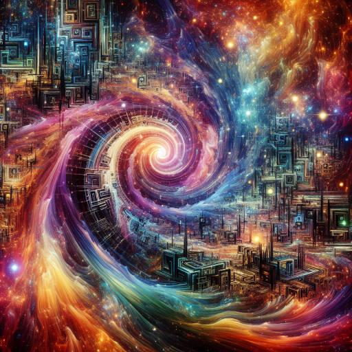 Create an abstract image of a swirling galaxy filled with intricate technological structures, where ancient civilizations once thrived and epic battles were fought among advanced alien races.