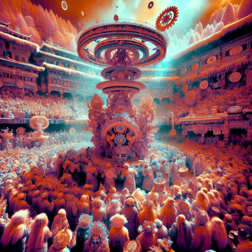 Create an image depicting a surreal, infrared view of a cultural festival where attendees are adorned in vibrant costumes and ancient rituals are enhanced by the otherworldly glow of infrared light. Let your imagination run wild as you blend the dreamlike qualities of surreal art with the rich tapestry of cultural traditions in a visually captivating composition.