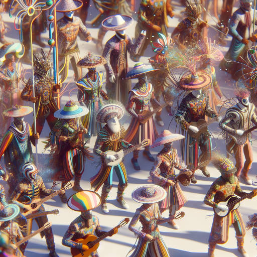 Create an image of a colorful cultural festival where people are dressed in abstract, otherworldly costumes, blending traditional elements with futuristic designs. The scene is filled with vibrant colors, lively music, and a sense of unity and celebration that transcends time and space.