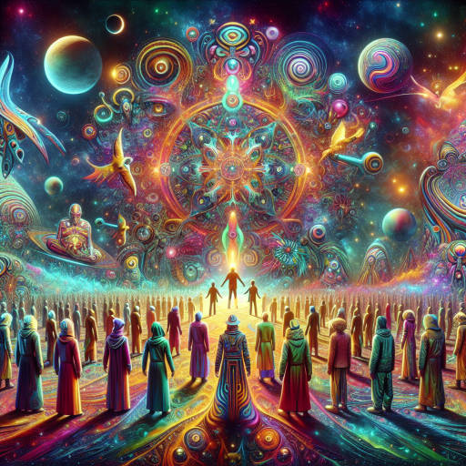 Imagine a cultural festival taking place on a distant planet in outer space, where attendees are mesmerized by mind-bending optical illusions created by advanced alien technology. Capture the vibrant colors, intricate patterns, and otherworldly elements in a single image that showcases the fusion of space exploration, cultural traditions, and optical illusions.