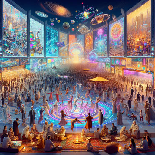 "Imagine a futuristic world where a vibrant cultural festival celebrates the intersection of science and art, with colorful displays of technological innovations, interactive art installations, and performances blending traditional dances with cutting-edge technology."