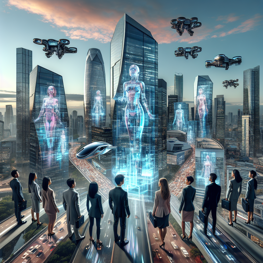 Imagine a futuristic city skyline where towering glass buildings are illuminated with holographic advertisements for the latest technology advancements, while business professionals in sleek, high-tech suits zoom past in flying cars, conducting virtual meetings and transactions with a wave of their hand.