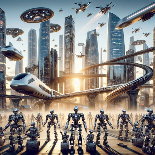 Create an image featuring a bustling futuristic cityscape where robots are reenacting a key moment in historical warfare, bringing to life the past in a technologically advanced setting.