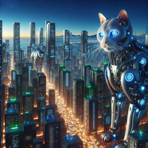 Imagine a futuristic cityscape where giant robotic cats roam the streets, their metallic fur glinting in the neon lights. These cybernetic felines are equipped with advanced technology, seamlessly blending into the urban landscape as they silently guard the city against any potential threats. What marvels of science and technology have brought these magnificent creatures to life, and what secrets do they hold within their metal frames? Capture this scene in a striking image that blends the worlds of science, technology, city life, and cats in a truly imaginative and creative way.