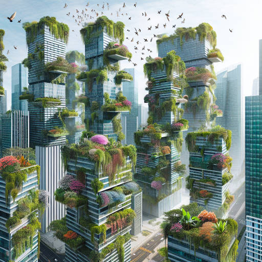 Imagine a cityscape where skyscrapers are covered in lush green vines and flowers, blending seamlessly with the surrounding nature. Birds fly freely between the buildings, creating a harmonious coexistence between urban architecture and the natural world. Create an image that captures this unique and imaginative fusion of city and nature.