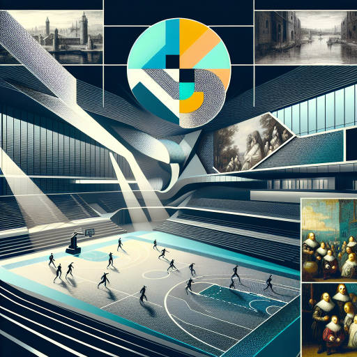 Create an image of a futuristic sports arena with a sleek, modern interior design inspired by famous paintings, blending elements of abstract art and classic realism.