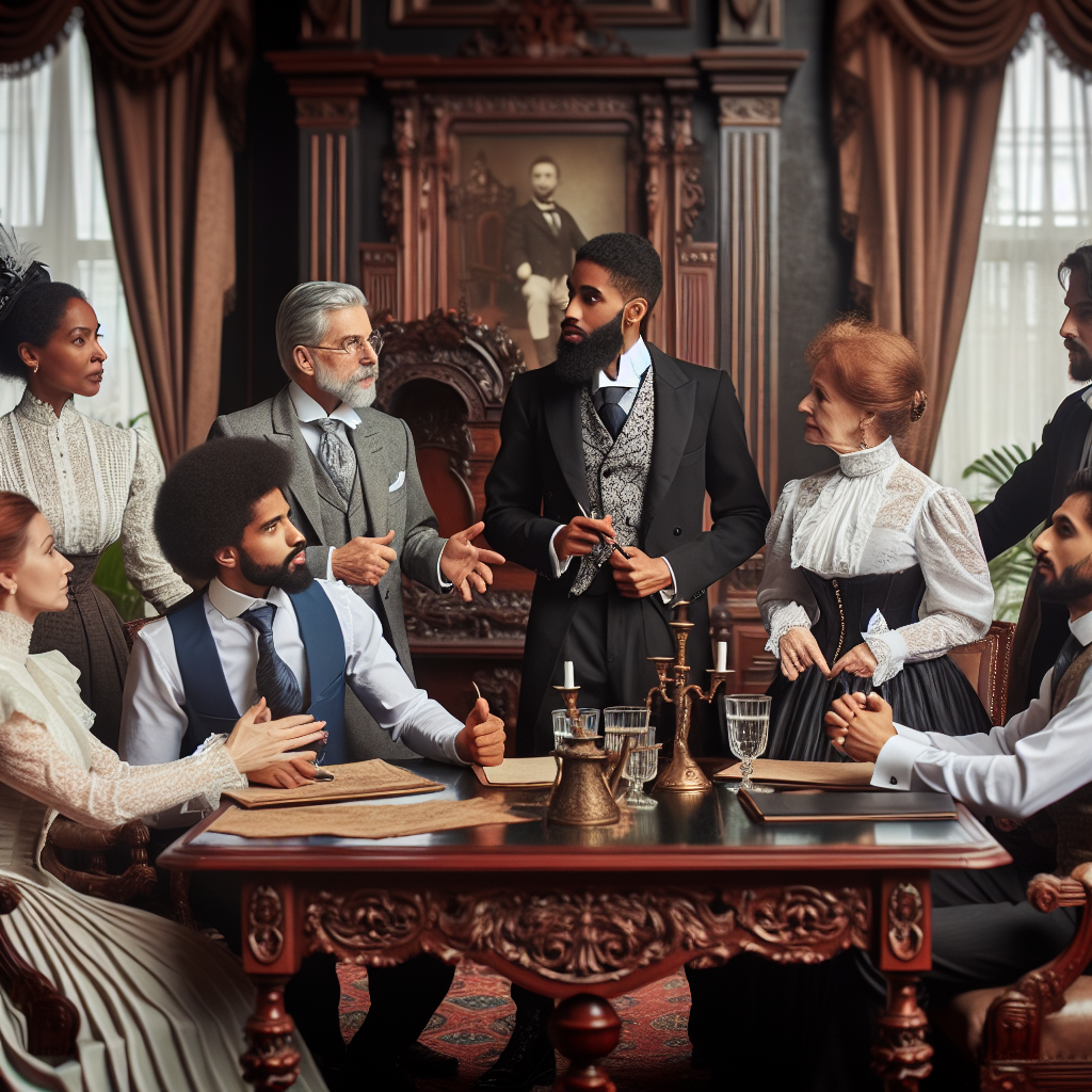 Imagine a group of business professionals dressed in 19th century attire, participating in a historical reenactment of a famous business negotiation from the past. The scene is set in an old, grandiose boardroom with ornate furniture and chandeliers, as they passionately debate terms and agreements while embodying the style and etiquette of the era. The modern twist on this classic scene creates a unique and visually captivating image.