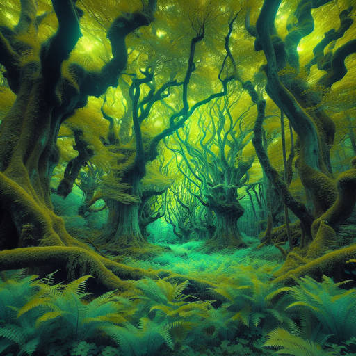 Create an image of a mystical, ancient forest bathed in ethereal infrared light, with gnarled, ancient trees reaching towards the sky and vibrant green plants glowing with otherworldly hues.