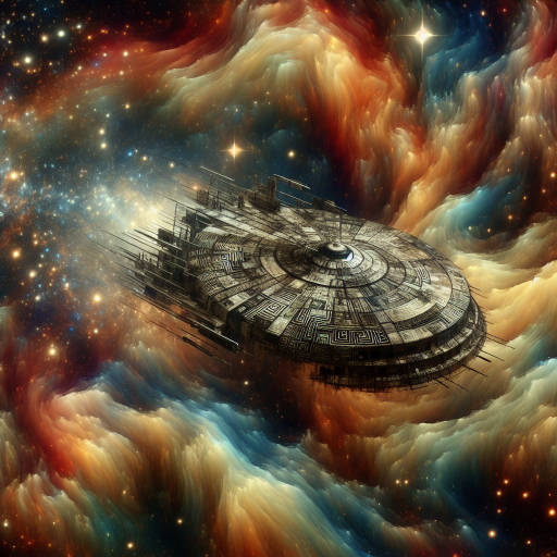 Imagine an ancient spacecraft drifting through a cosmic sea of swirling colors and shapes, its hull covered in intricate, abstract symbols and designs that hint at the advanced technology of its long-lost civilization. The stars twinkle in the background, casting a soft glow on the weathered exterior of the ship as it continues its never-ending journey through the vastness of space.