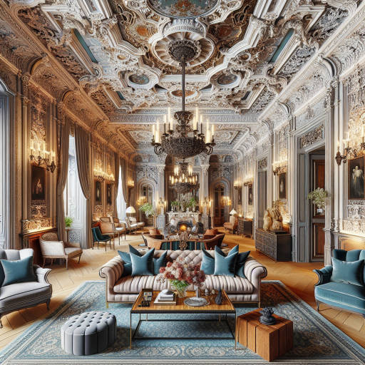 Create an image of a grand, old mansion that has been transformed into a luxurious and vibrant modern interior design masterpiece, blending ornate Victorian architecture with sleek, contemporary furniture and vibrant pops of color.