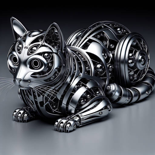 Create an image of a futuristic robot cat with optical illusion patterns covering its sleek metal exterior, blending the lines between advanced technology and mesmerizing design.