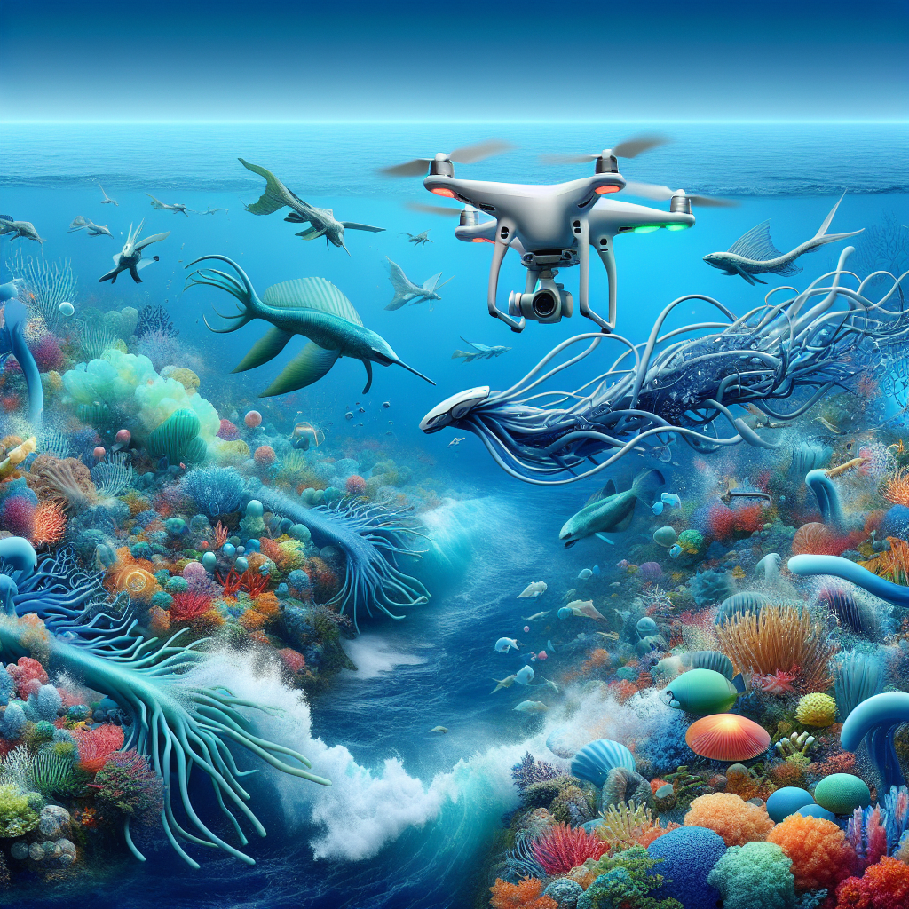 Imagine a mesmerizing scene of an underwater world captured from the unique perspective of a drone, showcasing surreal and otherworldly creatures swimming gracefully through vibrant coral reefs. Let your creativity run wild as you blend the beauty of the underwater wonders with the technological prowess of drone photography to create a truly surreal piece of art that transports viewers to a fantastical realm beneath the surface of the sea.