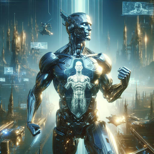 Create an image of a heroic cyborg warrior standing proudly in the midst of a futuristic landscape, his metallic face adorned with a portrait of an ancient warrior etched into his armor, blending the power of technics with the strength of a hero.