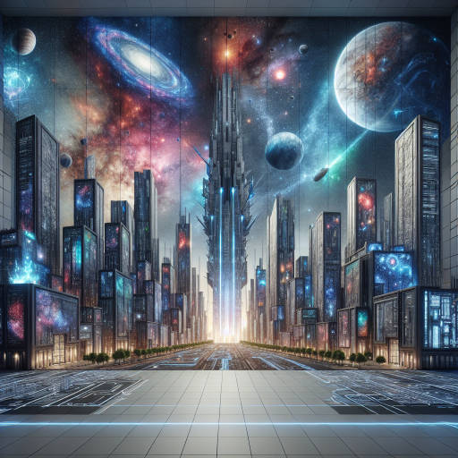 Imagine a futuristic cityscape where towering skyscrapers are adorned with stunning, larger-than-life street art murals depicting mesmerizing galaxies, stars, and planets. The buildings themselves are equipped with advanced technics, such as glowing neon lights and automated holographic displays, creating a unique blend of astronomy, technics, and street art in a single breathtaking scene.