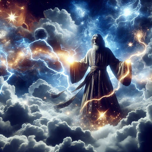 Imagine a wizard using advanced technics to control the sky, creating a breathtaking image of swirling clouds, shimmering stars, and electrifying lightning all at his command.