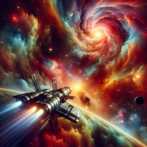 Imagine a futuristic spaceship equipped with the most advanced technics, embarking on a daring mission to explore a newly discovered galaxy filled with unique and mysterious planets. What do you see as the spaceship approaches a vibrant, swirling nebula, its sleek metallic exterior reflecting the dazzling colors of the cosmic phenomenon?