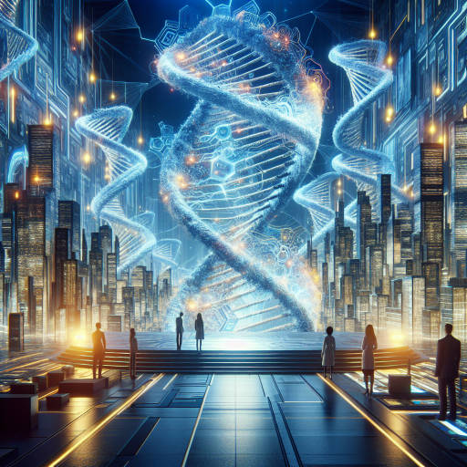 "Imagine a futuristic cityscape where giant, glowing sculptures of DNA strands and circuit boards intertwine to create a stunning visual representation of the interconnectedness of science and technology in society. How would this blend of art and innovation inspire and challenge the inhabitants of this city?"