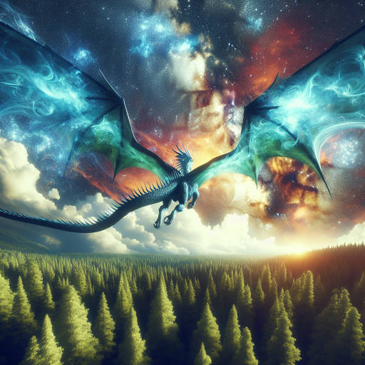 Create an image of a majestic dragon soaring through a vibrant sky filled with swirling galaxies, its wings blending seamlessly with the lush, mystical forests below.