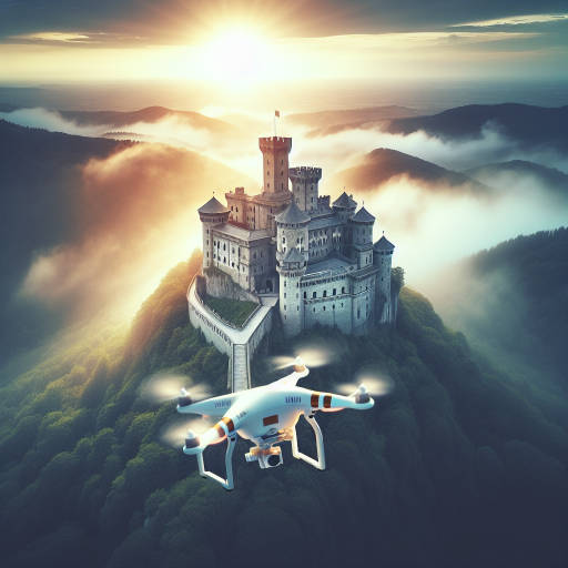 Imagine an ancient, towering castle perched on the edge of a cliff, surrounded by mist and shrouded in mystery. A drone hovers above, capturing the epic scale and grandeur of this historic fortress, creating a stunning aerial view that showcases the blending of old world charm and modern technology.