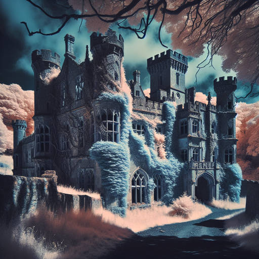 "Imagine capturing an infrared drone photograph of an old abandoned castle, where the only colors visible are the haunting shades of infrared light reflecting off the ancient stone walls and overgrown vines. What stories does this eerie image tell about the castle's mysterious past?"