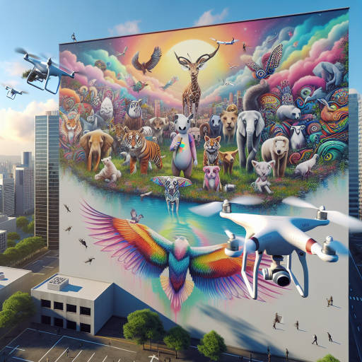 Imagine a whimsical world where animals and street art collide in the sky, captured through the lens of a drone. Create an image of a colorful mural depicting a group of anthropomorphic animals flying through a futuristic cityscape, with drones buzzing around capturing every vibrant detail. Let your imagination run wild as you blend the beauty of nature with the creativity of urban art in this unique and imaginative scene.