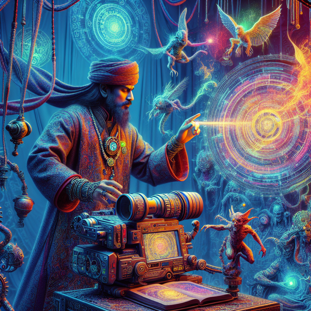 Imagine a wizard harnessing the power of advanced technology, using futuristic infrared photography to capture unseen magical energies and creatures lurking in the shadows. Illustrate this mystical scene with vibrant colors and intricate details, showcasing a blend of ancient sorcery and modern innovation.