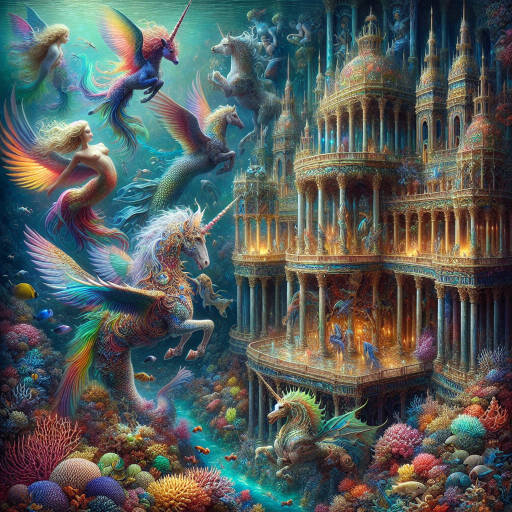 Create an image of a majestic underwater palace filled with mystical creatures, painted with vibrant colors and adorned with elements of fantasy and mythology such as mermaids, unicorns, and dragons swimming gracefully among the coral reefs and shimmering treasures.