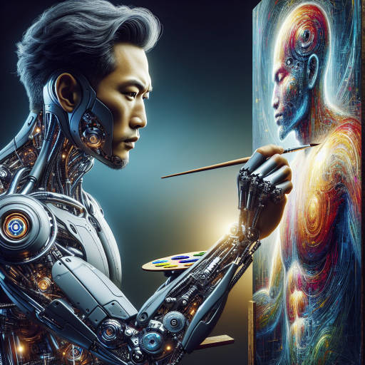 Imagine a futuristic portrait of a cyborg artist painting with precision and advanced technics, blending human creativity with robotic precision. Capture the intricate details of their metallic features and the vibrant colors of their work, showcasing the harmonious balance between humanity and technology.