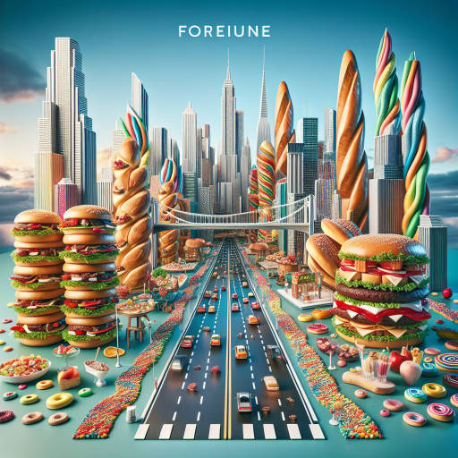 Create an otherworldly painting of a futuristic cityscape where the buildings are made entirely of delicious and colorful foods, blending together elements of urban life with a feast for the eyes.