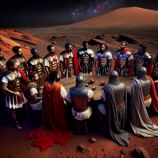 Imagine a group of Roman soldiers in full armor conducting a business meeting on the surface of Mars, with the red planet's rocky terrain and distant stars in the background. The soldiers are discussing trade routes and intergalactic commerce, blending the worlds of historical reenactments, astronomy, and business in a unique and creative way. Create an image that captures this unlikely but fascinating scene.