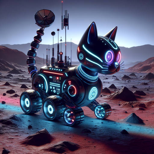 An image of a futuristic robot cat exploring the surface of Mars, equipped with advanced technology for analyzing the planet's geology and sending data back to Earth.