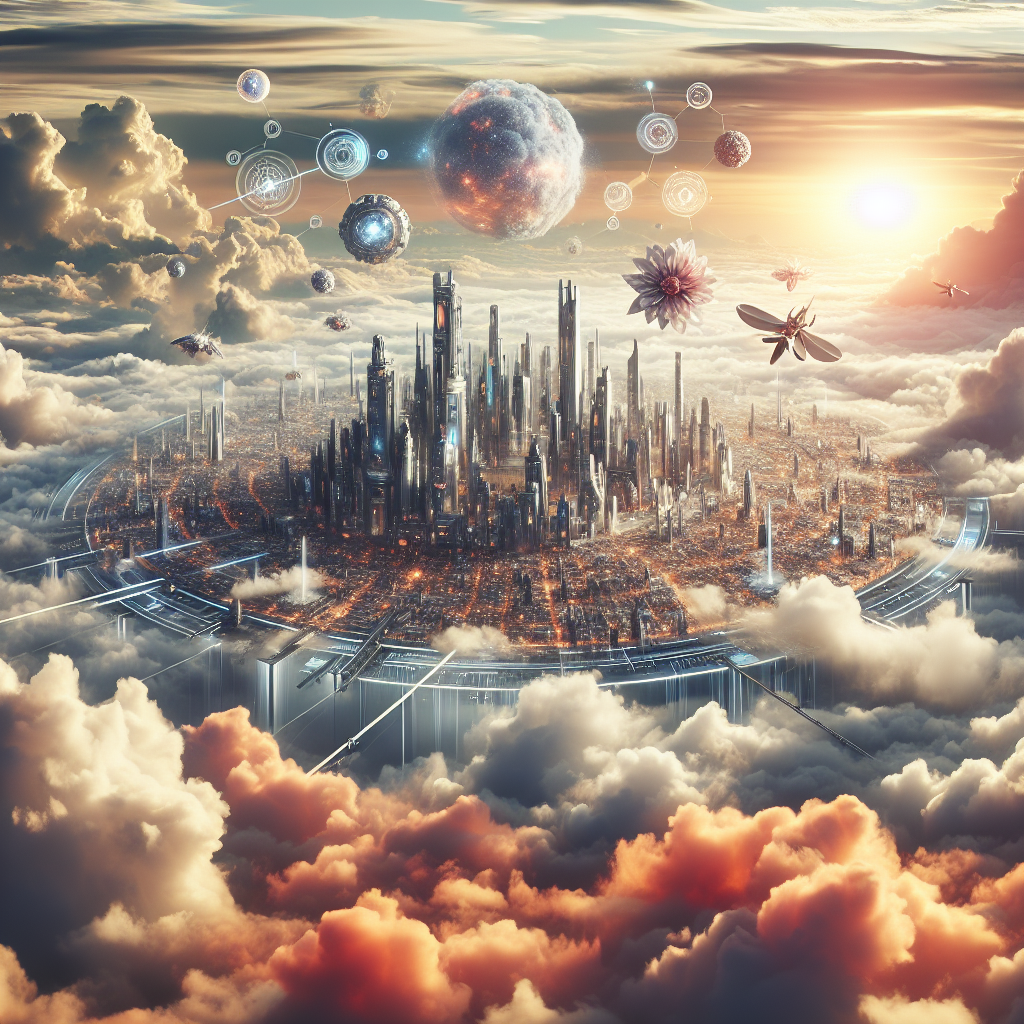 Combine the beauty of drone photography with the wonder of fantasy and mythology in a scene depicting a futuristic city floating above the clouds, inhabited by mythical creatures and powered by advanced scientific technologies.