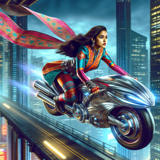 Create an image of a fearless superhero riding on a sleek and futuristic flying motorcycle, soaring through the city skyline as they race to save the day.