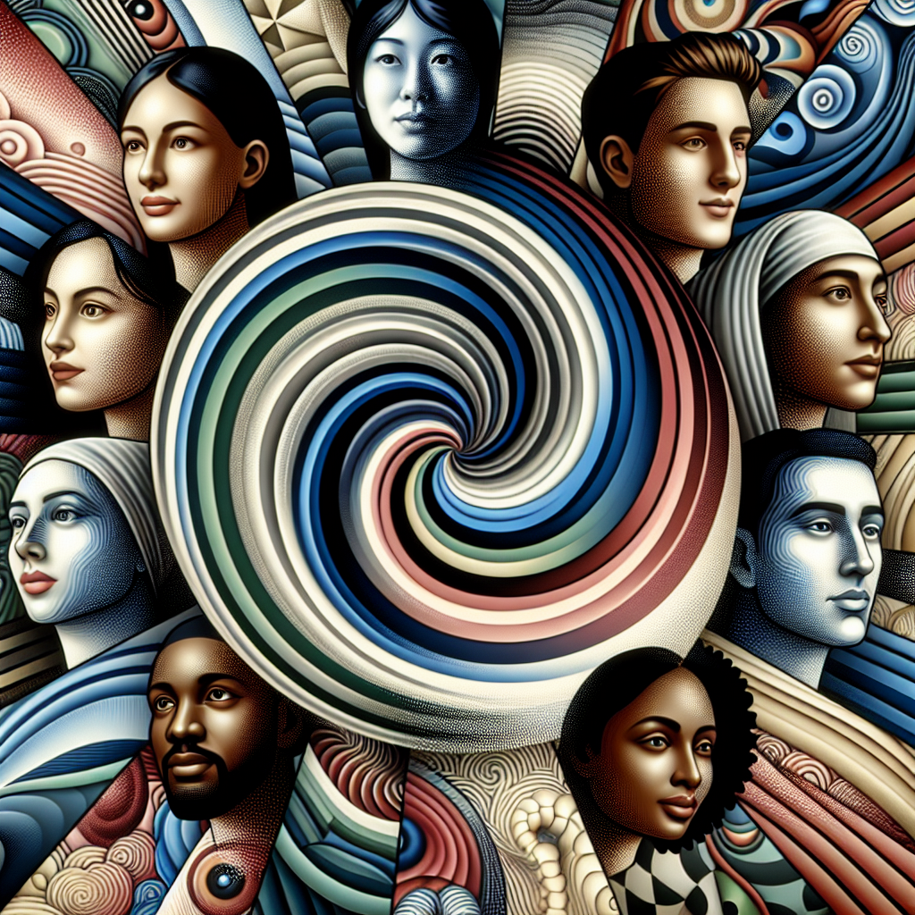 Create an image of a group of people merging seamlessly into an optical illusion of a swirling vortex, surrounded by abstract shapes and colors that represent the inner thoughts and emotions of each individual.