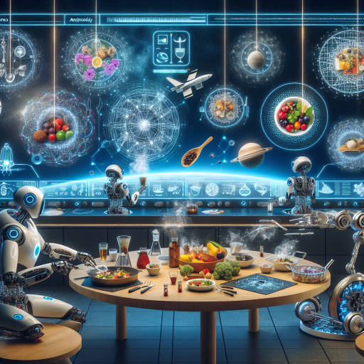 Imagine a futuristic kitchen where advanced technology and robots work together seamlessly to prepare a gourmet meal fit for a space traveler. The robots are equipped with laser precision tools and the kitchen is outfitted with holographic displays showing recipes from around the galaxy. What does this high-tech culinary experience look like?