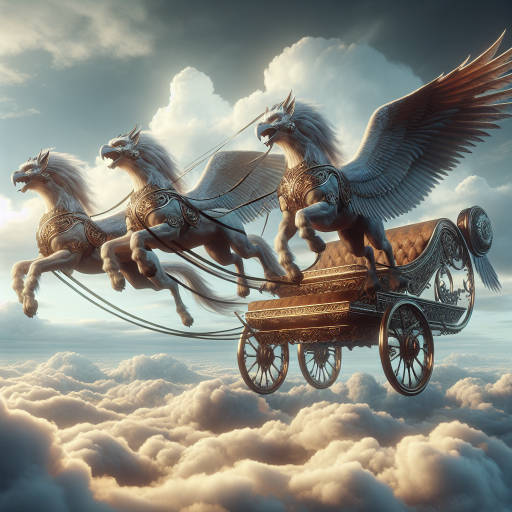 Create an image of an ancient, magical transportation device inspired by mythology, such as a flying chariot pulled by mythical creatures like griffins or dragons.