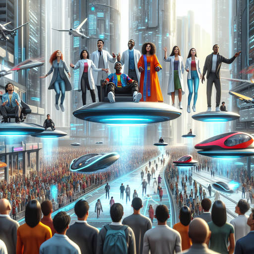 Imagine a futuristic floating city where scientists are experimenting with teleportation technology, while citizens zip around in sleek, self-driving hover cars. A group of young people are gathered in a bustling plaza, marveling at the wonders of science and technology in this advanced transportation utopia.