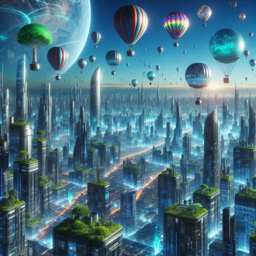 Create a painting of a futuristic, floating cityscape where transport is powered by giant, colorful hot air balloons roaming the sky.