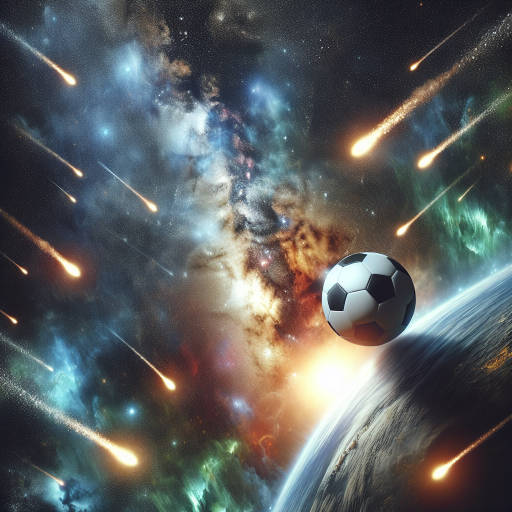 Create an image of a soccer ball orbiting around a glowing planetary body, with shooting stars streaking across the background sky.