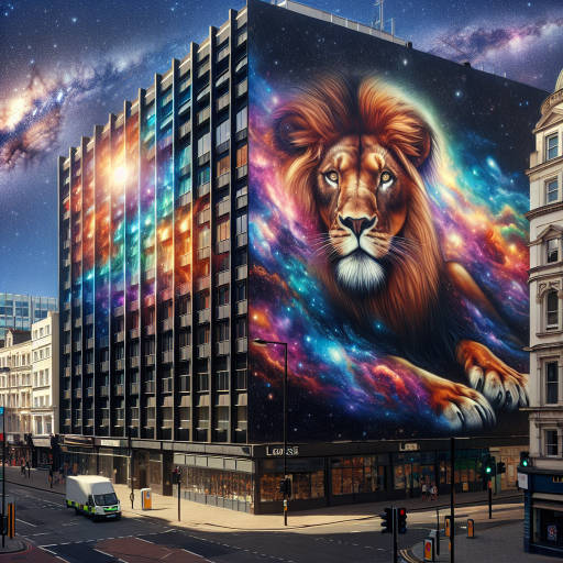 Imagine a majestic lion painted in vibrant colors on the side of a city building, towering over the bustling street below. The lion's mane flows seamlessly into a mural of swirling galaxies, creating an epic and otherworldly scene that captures the wild beauty of both the urban jungle and the natural world.