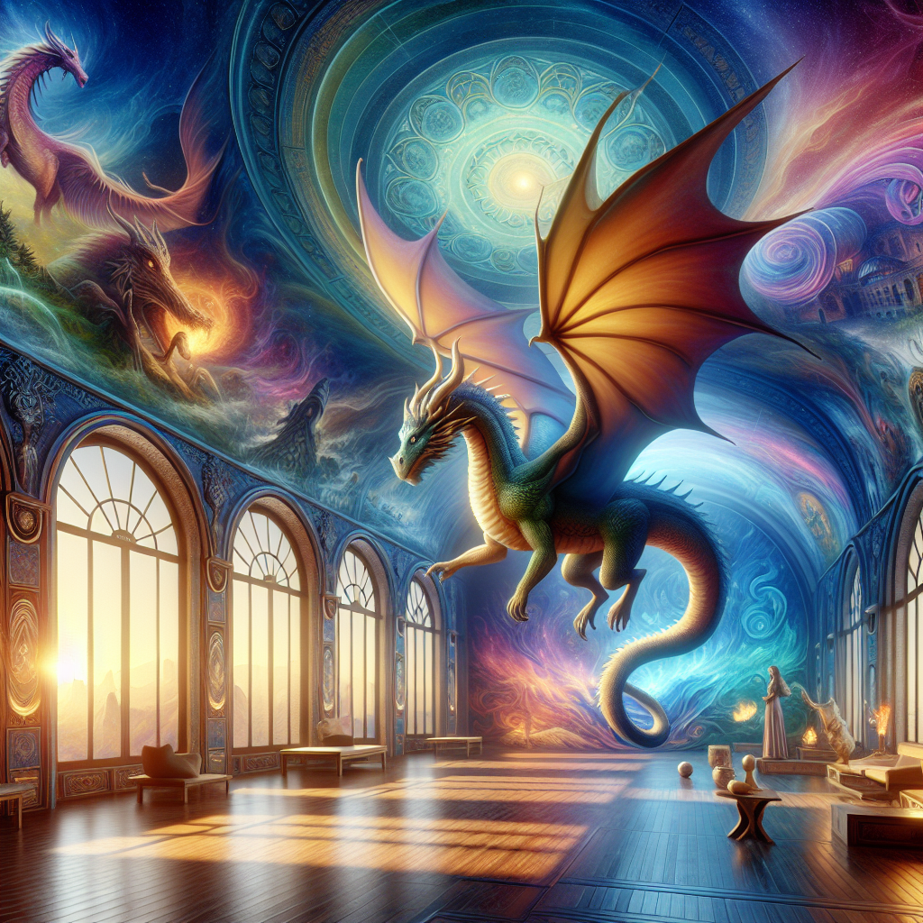 Create an image of a majestic dragon flying through a surreal and vibrant art gallery filled with enchanted paintings and sculptures inspired by ancient mythology and fantastical creatures. The interior design of the gallery should be a harmonious blend of modern and medieval elements, showcasing a mix of traditional and contemporary art styles.