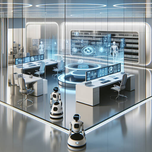 Create an image of a futuristic office interior designed with sleek and innovative technics, featuring holographic displays and robotic assistants seamlessly integrated into the sleek and minimalist business environment.