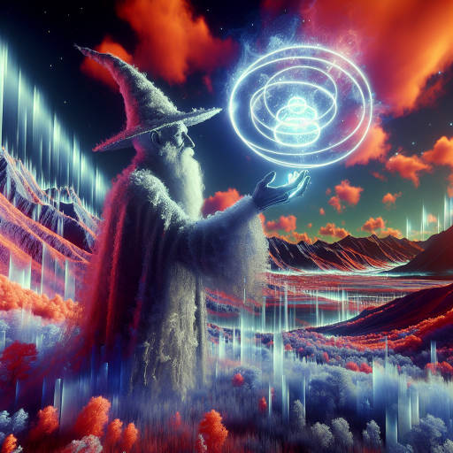 Create an image of a mystical wizard casting spells in a surreal landscape filled with vibrant colors and distorted perspectives, captured through an infrared lens to create a dreamlike and otherworldly atmosphere.