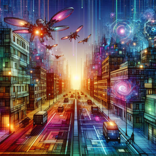 Create an image of a futuristic cityscape where buildings are melting into vibrant colors, swirling together like a psychedelic painting. Amidst the chaos, futuristic technology is seamlessly integrated into the landscape, with holographic displays and robotic drones flying overhead. The scene is a surreal blend of art and technology, inviting the viewer to question the boundaries between reality and imagination.