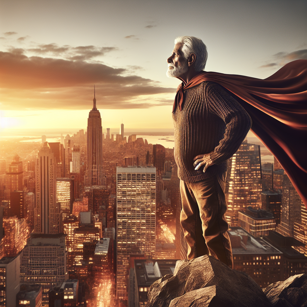 Imagine an old, weathered hero standing proudly atop a towering cityscape, gazing out over the bustling metropolis below as the sun sets in the distance, casting a golden glow over the buildings and streets. The hero's cape billows in the wind, symbolizing years of wisdom and courage as they protect the city from any danger that may come its way. Create an image that captures the essence of strength, resilience, and timeless heroism in the heart of the urban landscape.